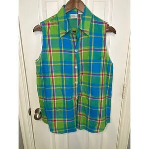 Giorgio Fiorlini Plaid Sleeveless Linen Blend Shirt Blue Green Medium
